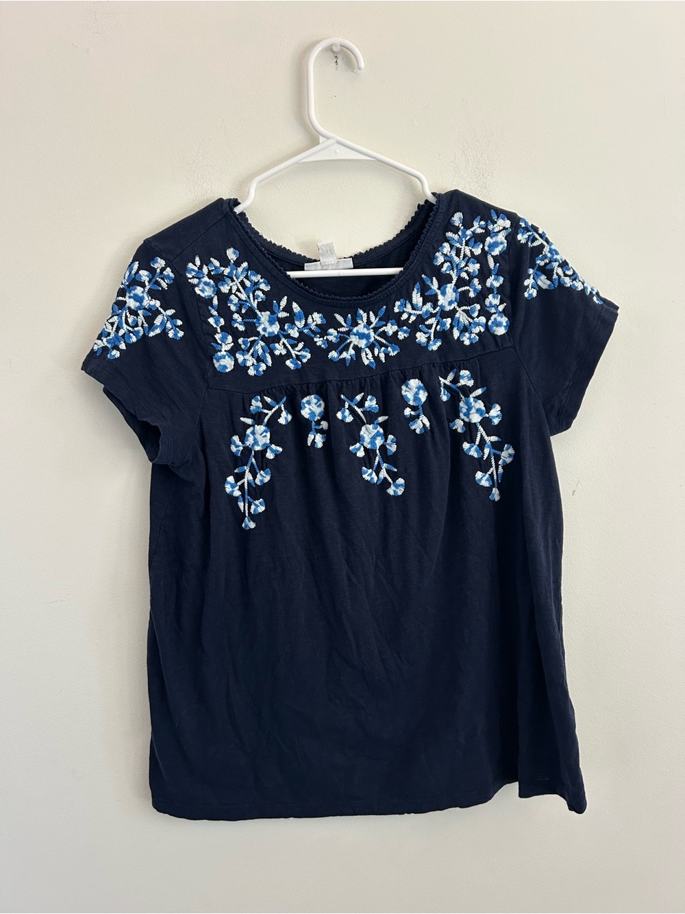 Charter Club Navy Short-Sleeve Top with Blue & White Floral Embroidery
